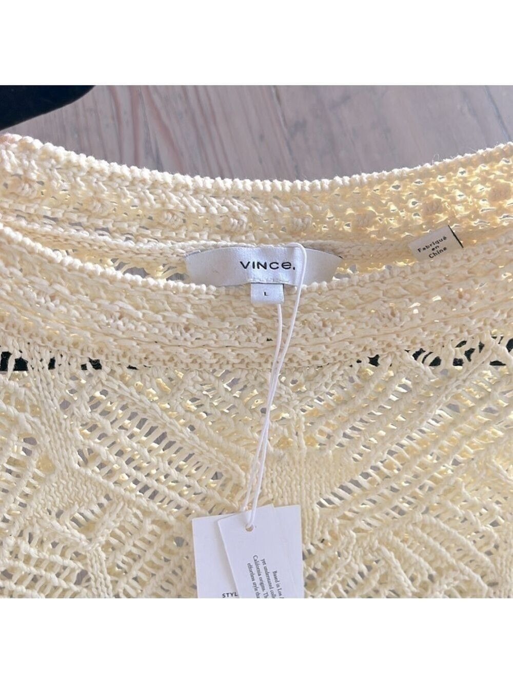 NWT. VINCE Lace Patchwork Pullover Organic Cotton Sweater in Pale Yellow size L - Picture 10 of 11